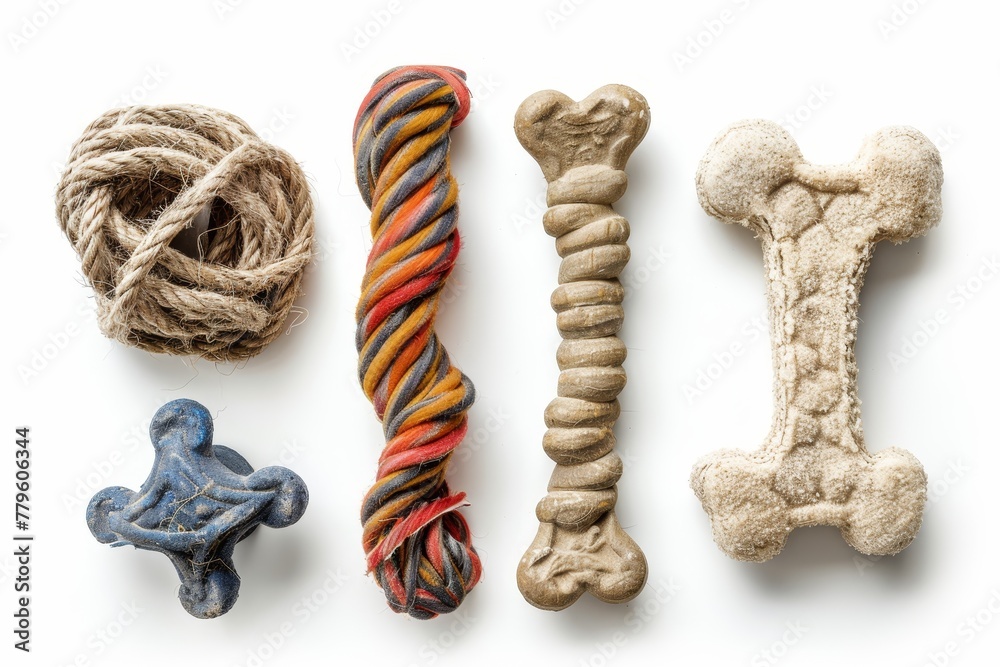 Poster Dog toys bone and rope on white background Collage Wide shot