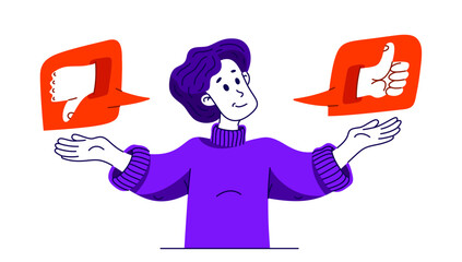 Young man is choosing between different reactions in social media, vector illustration of a person in doubt between different responses when communicating online.