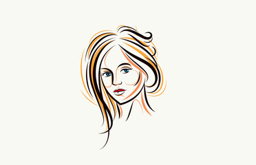 Beauty young woman face vector illustration, logo look like drawing for cosmetology or skincare or cosmetics brand, classic style emblem.