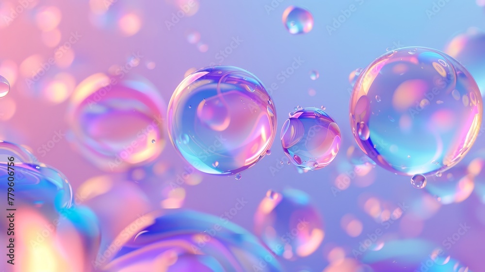 Poster abstract 3d art background featuring holographic floating liquid blobs, soap bubbles, and metaballs.