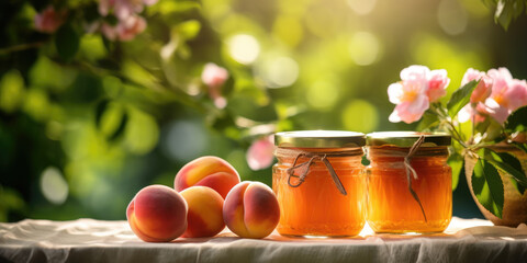 jars of homemade peach and freshly picked peaches on the table - obrazy, fototapety, plakaty