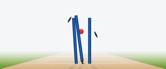vector illustration of cricket ball hitting stumps - obrazy, fototapety, plakaty