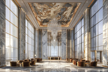 Opulent hotel lobby with marble floors, grand chandelier, and artistic ceiling.
