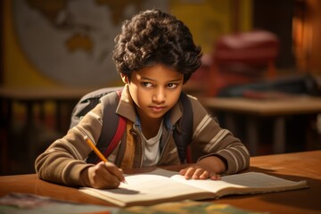 Naklejka premium Indian boy studying in school An attentive atmosphere, children learn with interest on a colored background.