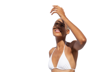 Woman shields herself from the sun with hand, creating a shadow on face isolated on white background, concept of summer seaside vacation, holiday travel, or sun protection for skincare and eye health