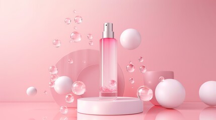 Backdrop with a glossy water bubble and a fashion beauty product stand. 3D rendering.