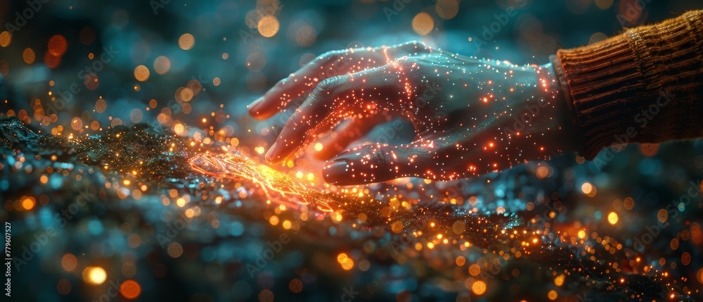 Aufkleber the metaverse universe touch by a woman's hand. conceptual image for next generation technology.