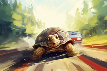 vibrant colorful Illustration of an exciting race between turtle and car on road.