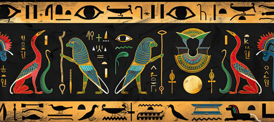 Ancient Egyptian hieroglyph drawings on black background 