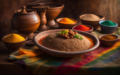Ethiopian injera with stews, colorful, woven basket table, bright daylight