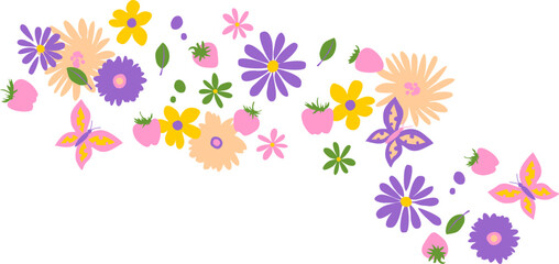 Colorful floral border. Purple and yellow simple summer flowers and strawberry - 779608368