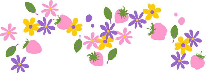 Colorful floral border. Purple and yellow simple summer flowers and strawberry - 779608369