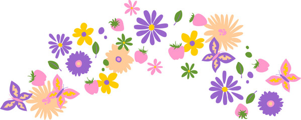 Colorful floral border. Purple and yellow simple summer flowers and strawberry