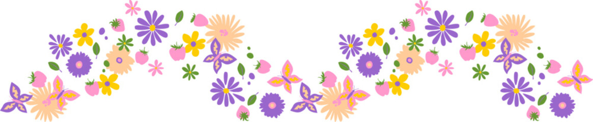 Colorful floral border. Purple and yellow simple summer flowers and strawberry - 779608378