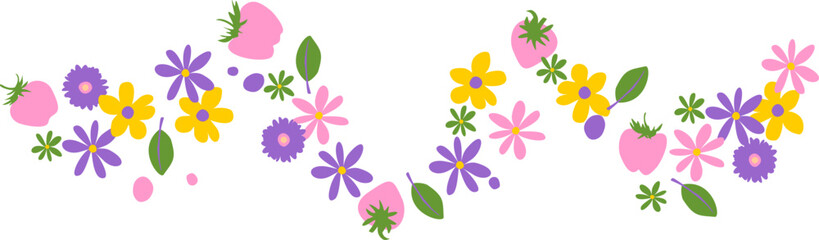 Colorful floral border. Purple and yellow simple summer flowers and strawberry - 779608380