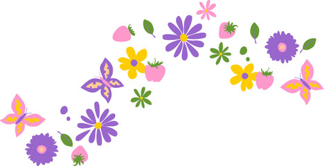 Colorful floral border. Purple and yellow simple summer flowers and strawberry - 779608384