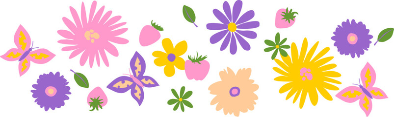 Colorful floral border. Purple and yellow simple summer flowers and strawberry - 779608386