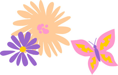 Colorful floral border. Purple and yellow simple summer flowers - 779608399