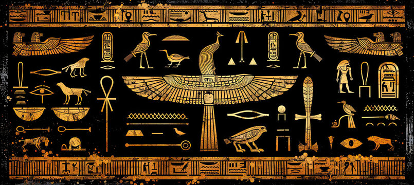 Ancient Egyptian hieroglyph drawings on black background 