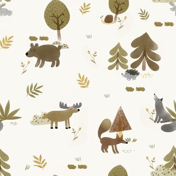 Animales del bosque ibérico, oso, lobo, zorro, caracol, erizo, ciervo, conejo, patrón de ilustración infantil