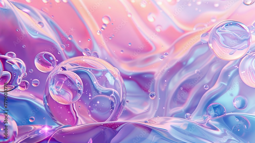 Poster 3d abstract background. glowing holographic liquid blobs, soap bubbles, metaballs...etc.