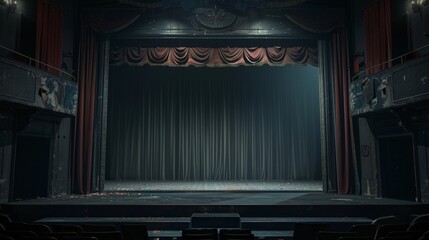 Empty theater stage with closed curtain and auditorium seats