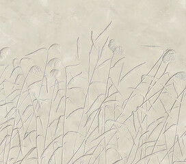 A light gray texture paper with an embossed outline of reeds, capturing the essence of wheat field and wild grasses, reeds in the wind