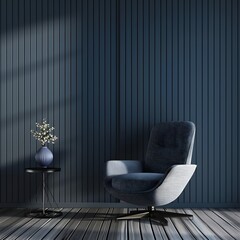 Contemporary Comfort: Blue Slat Wall Living Room with Elegant Armchair