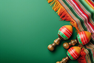 Cinco de Mayo holiday background made of Mexican maracas isolated on green empty background with space for text or inscriptions
