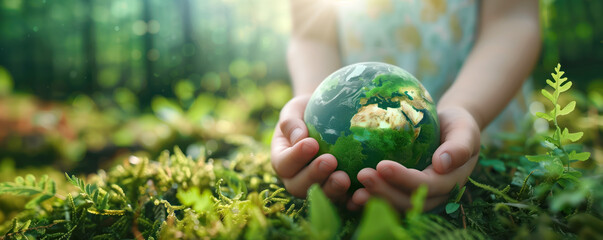 Hands of a child holding planet Earth in green natural background. Concept of saving future of a...