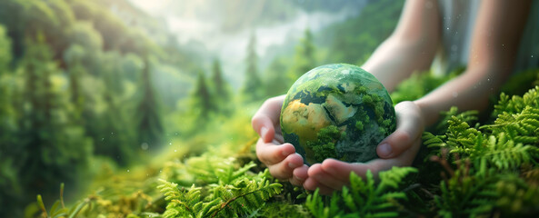 Hands of a child holding planet Earth in green natural background. Concept of saving future of a planet to our children.