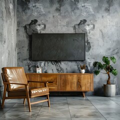 Modern Comfort: TV Cabinet & Leather Armchair in Contemporary Cement Room