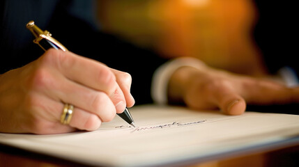 A persons hand is captured jotting down a signature on a formal document, highlighting the golden pen and wooden desk