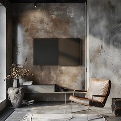 Modern Comfort: TV Cabinet & Leather Armchair in Contemporary Cement Room