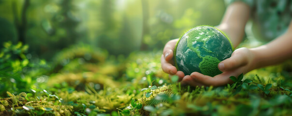 Hands of a child holding planet Earth in green natural background. Concept of saving future of a...