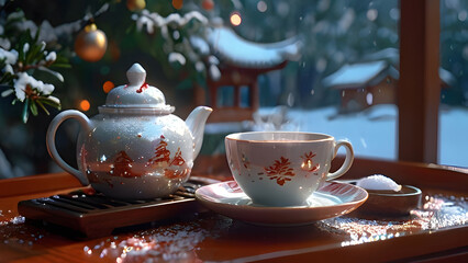 Fototapeta premium cup of tea, teapot from porcelain service. Christmas tea party breakfast on background of garlands and fir branches. cozy winter new year composition