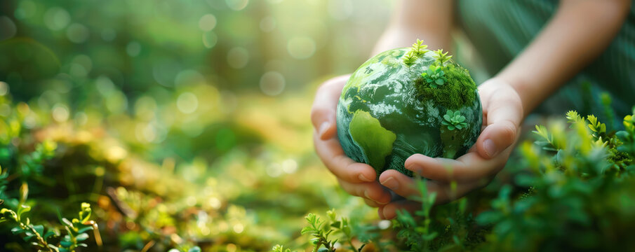 Hands of a child holding planet Earth in green natural background. Concept of saving future of a planet to our children.