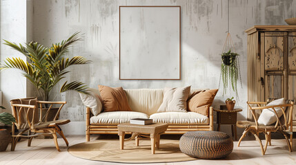 An interior design featuring furniture like a couch, chairs, and table set against a wall with a picture frame, creating a cozy living room with wooden flooring and fixtures