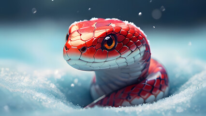 red snake on winter background. symbol of lunar year 2025, horoscope mascot. Marry Christmas and happy New Year - obrazy, fototapety, plakaty