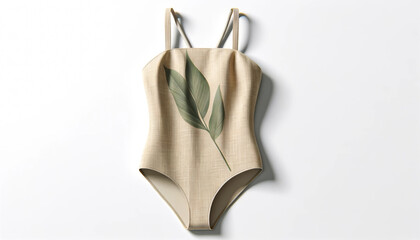 Eco Chic Beige One-Piece Swimsuit with a Single Green Leaf Design