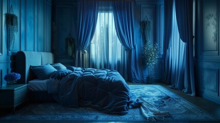 A room with electric blue curtains and bedding, CG artwork of a bed in darkness - obrazy, fototapety, plakaty