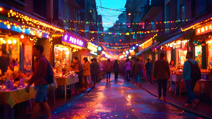 crowd of people walk along night street with souvenir shops, cafes with Asian food, shopping stalls. illuminated light bulbs, lanterns, garlands background