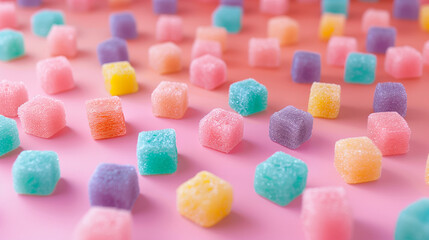 Colorful sugar-coated jelly candies on pink