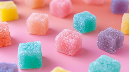 Colorful sugary candy cubes on pink background