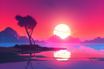 Dreamy sunset minimalistic fantasy landscape vector art