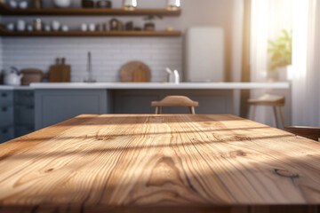 Empty wooden table in modern kitchen with space for product with lighting from window
