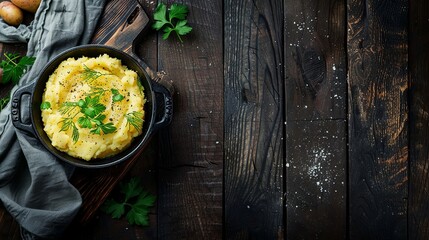 mash potatoes with herbs on a wooden background