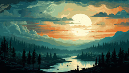 vector art illustration of sunset at the forest landscape
