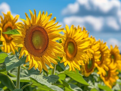 A field of sunflowers with a blue sky in the background. The sunflowers are in full bloom and are the main focus of the image