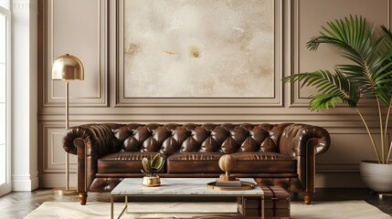 Elegant Luxe: Sophisticated Apartment Wall Mockup with Leather Sofa